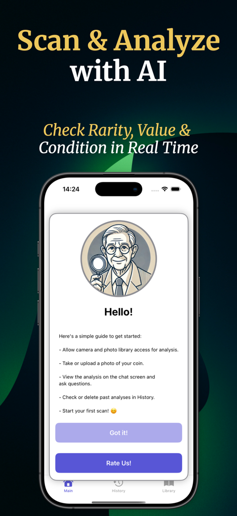 Coin Scanner - Coinx - Pantalla de incorporación de la aplicación Coin Scanner con una guía sobre cómo escanear y analizar monedas usando IA.
