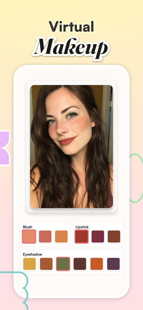 Color Analysis: WhatColors - A woman using the virtual makeup feature to test blush, lipstick, and eyeshadow palettes in the WhatColors app.