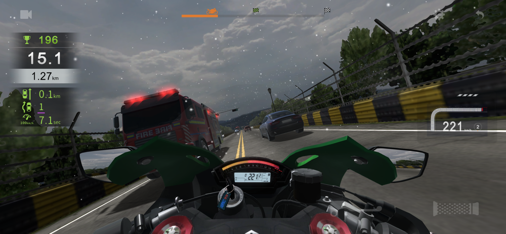 Real Moto Traffic - First person view of a motorcycle speeding through traffic on a snowy highway