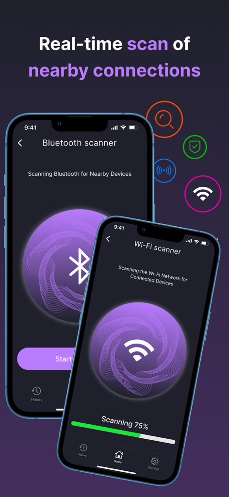 Bug Detector - Pro Scanner - Interfaz de la aplicación Bug Detector Pro Scanner mostrando escaneo en tiempo real de Bluetooth y Wi-Fi para dispositivos cercanos