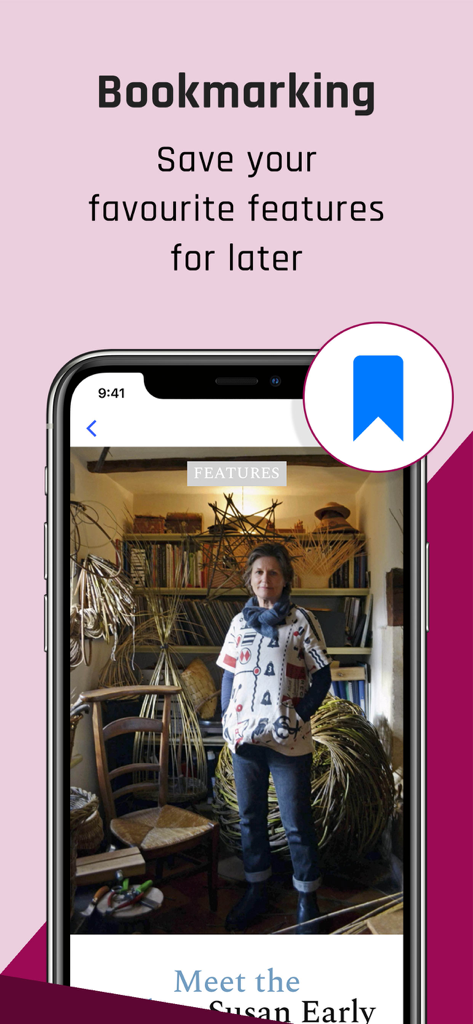 Homes & Antiques Magazine - Screenshot of the Homes and Antiques Magazine app highlighting the bookmarking feature to save favorite articles for later.
