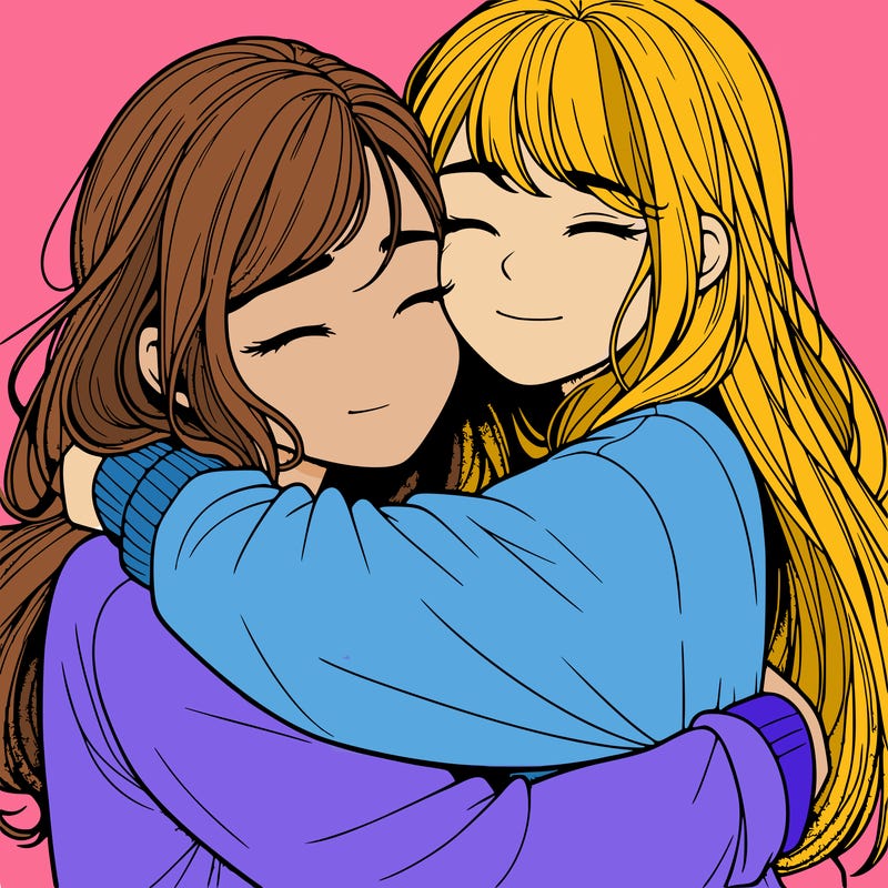 realistic two girls hugging