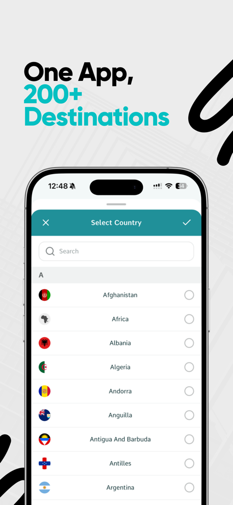 Nomio: eSIM Travel & Internet - A mobile phone screen showing a list of international countries to select for travel eSIM data within the Nomio app.