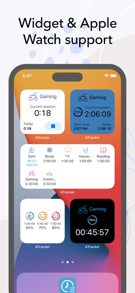 An iPhone home screen displaying various ATracker productivity widgets for tracking tasks like gaming, studying, and gym sessions.