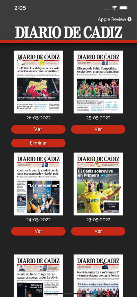 Diario de Cádiz - Archivo digital de las ediciones del periódico Diario de Cádiz que muestra múltiples portadas y botones de vista