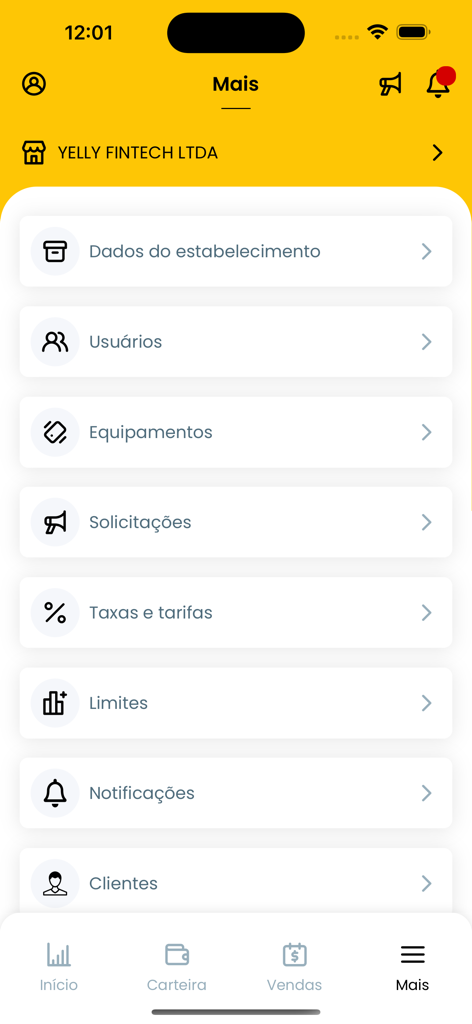 Yelly app settings menu displaying management options for business data users and fees.