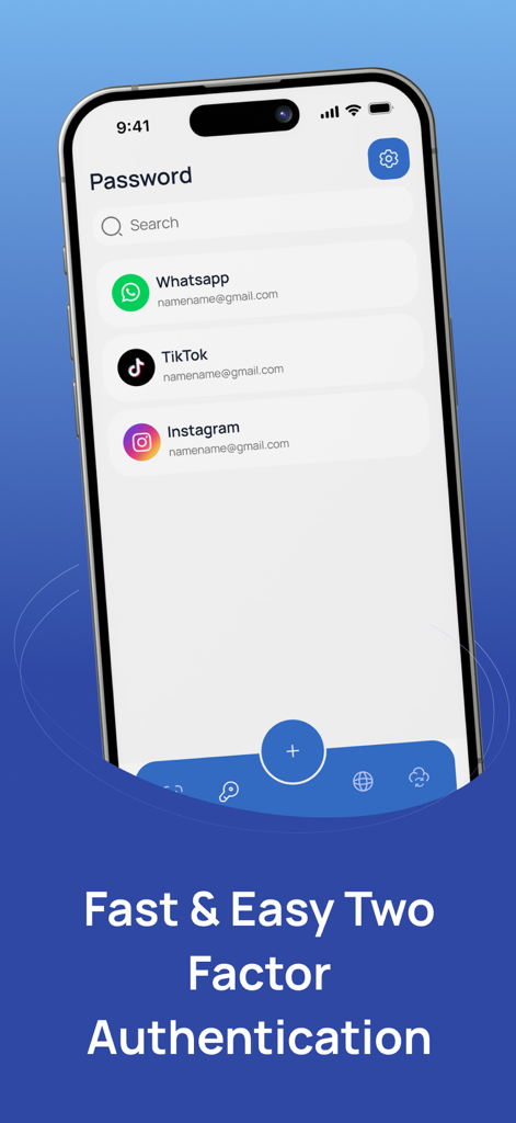 Authenticator: Secure 2FA, MFA - Mobile application interface for secure two-factor authentication showing a list of accounts including WhatsApp and Instagram