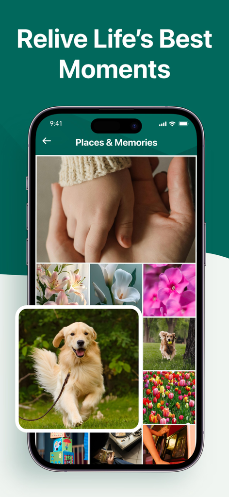 Phone Manager: Senior Care - A smartphone showing a photo gallery of family and nature memories within a senior-friendly app interface.