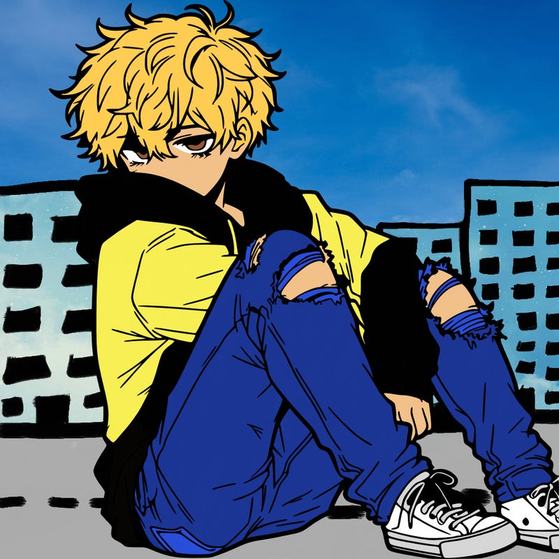 a male hoddie ripped jeans messy hair anime