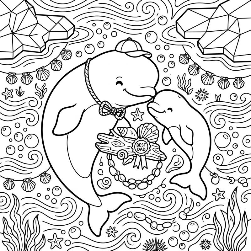 Dive into a heartwarming Father's Day celebration with this charming beluga whale coloring page. Featuring a dapper dad beluga and his calf, it's perfect for showing appreciation to your amazing father.