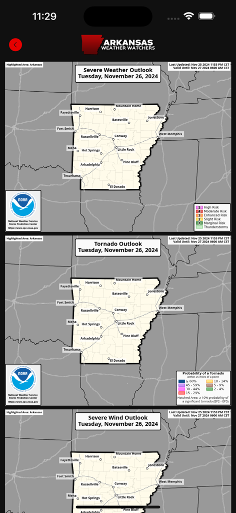 AR Weather Watchers - Arkansas Weather Watchers app interface showing maps for severe weather tornado and severe wind outlooks
