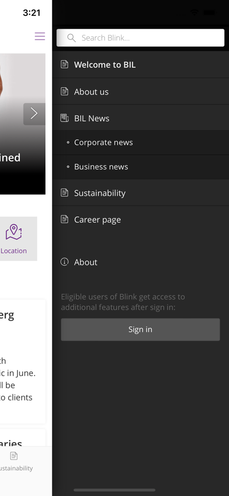 Blink by BIL - Blink by BIL app navigation menu showing corporate news and career page sections.
