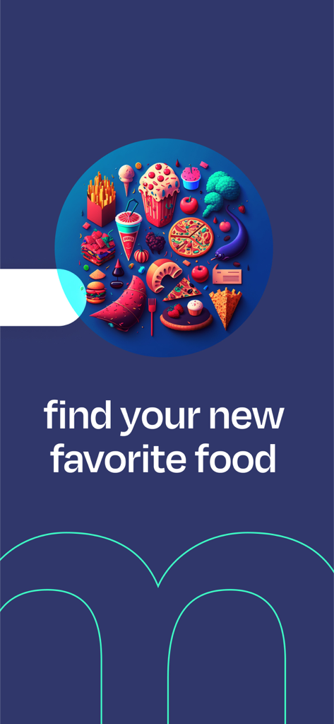 Dyma app splash screen with a colorful circle of various food items and the text find your new favorite food