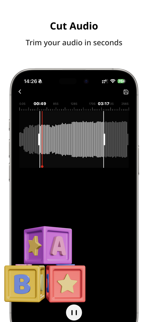Vocal Remover & Acapella Maker - Mobile app interface for trimming and cutting audio files with a waveform display.