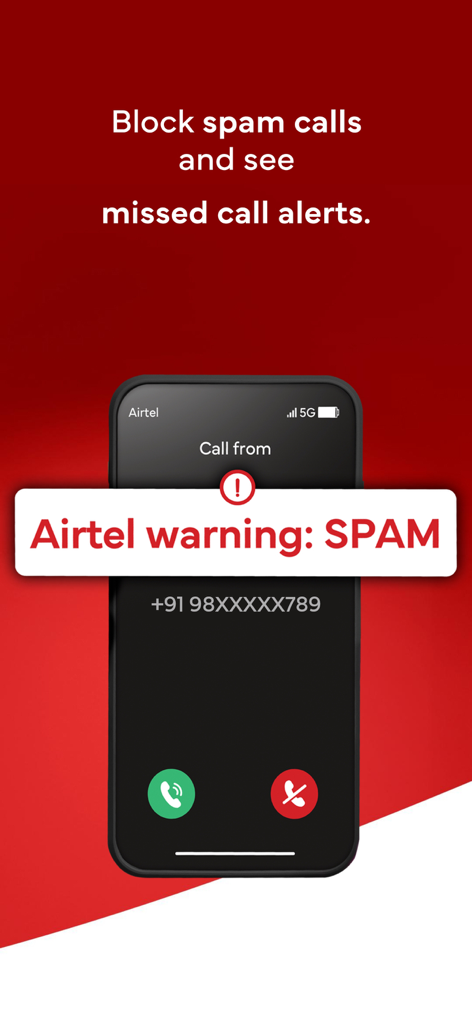 Écran de l'application Airtel Thanks affichant un avertissement d'appel indésirable et une notification d'appel manqué