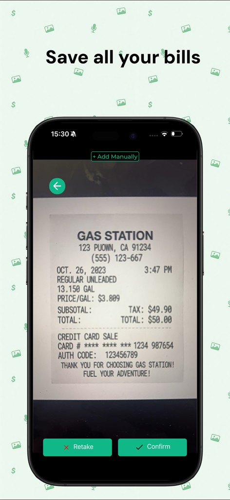 Bill Organizer - BudgetAI - Smartphone screen showing the receipt scanning feature to automatically save bills in the BudgetAI app.
