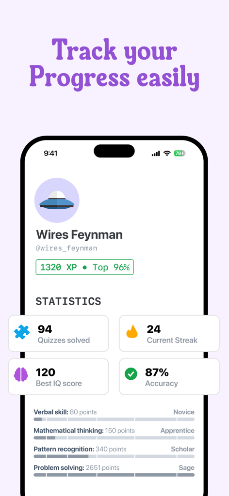 Simbo - IQ & Brain Training - A user profile in the Simbo app showing brain training statistics like IQ score and streaks
