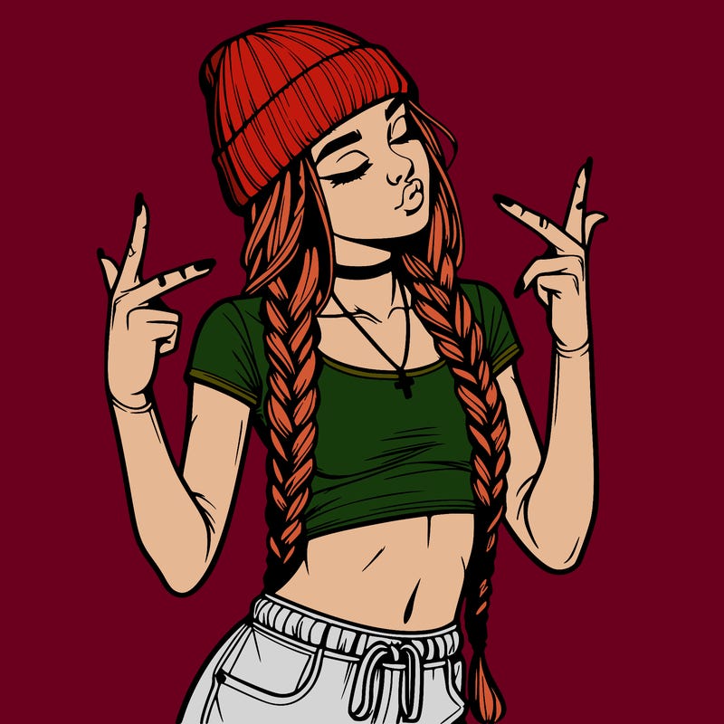 realistic teenage girl with braids and a beanie and crop top doing 🫶🏼