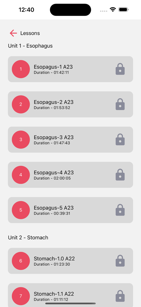 DR-MATARY - A list of surgical medicine lessons in the DR-MATARY app showing units for the esophagus and stomach with locked video content