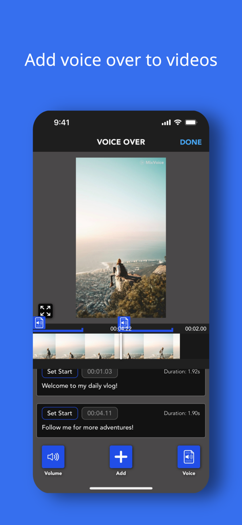 MixVoice: AI Voice Over App - MixVoice app interface showing how to add AI generated voiceover narration to a video vlog