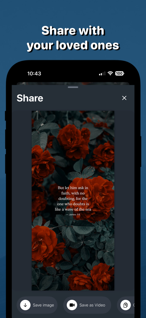 Bible Quotes ai: Verse Widget - Mobile app screen showing a Bible verse from James 1:6 over a background of red roses for social sharing.