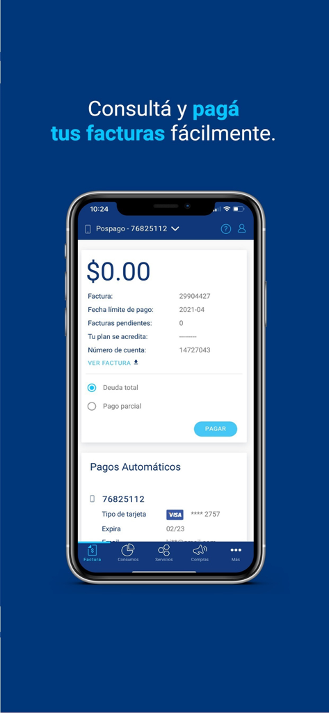 Mi Tigo El Salvador - Mi Tigo El Salvador App-Bildschirm zur Überprüfung und Bezahlung von Rechnungen mit automatischen Zahlungsoptionen