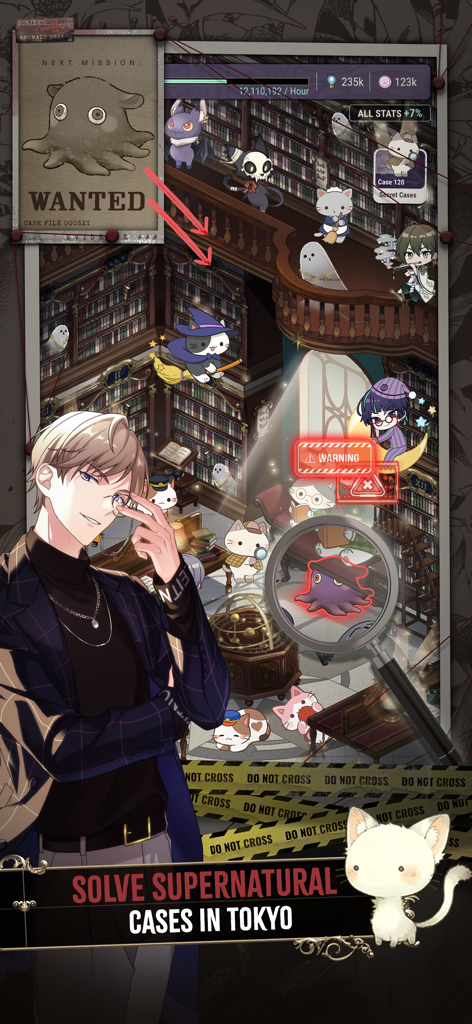 An anime character and several cat familiars in a grand library investigating a supernatural mystery.