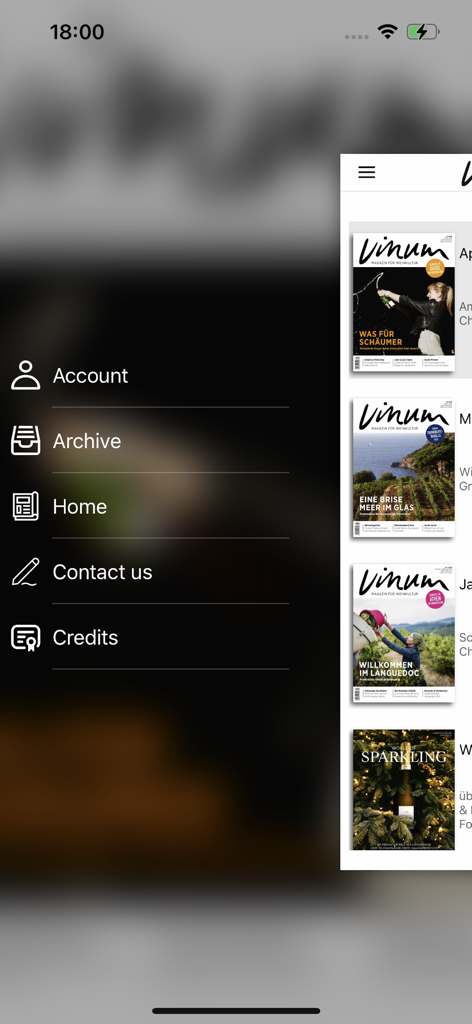 Navigation menu and digital magazine covers in the VINUM Weinmagazin mobile app