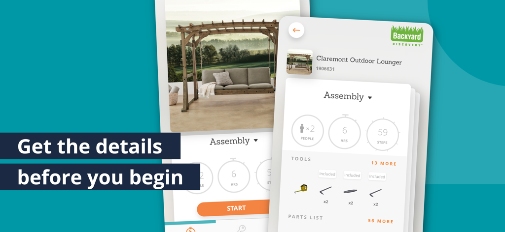 BILT app interface displaying assembly requirements for an outdoor lounger including time estimate and tools needed
