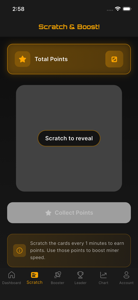 Écran de carte à gratter de l'application de minage ETH avec un bouton pour gratter et un affichage des points virtuels