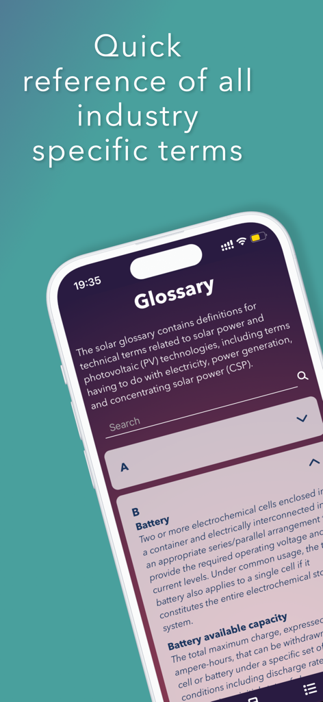 PV Master - Solar Panel System - Glossary section of the PV Master app displaying technical solar power terms and definitions