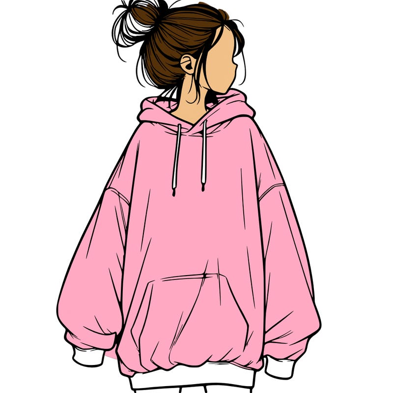 realistic girl with a oversized sweatshirt on and a bun