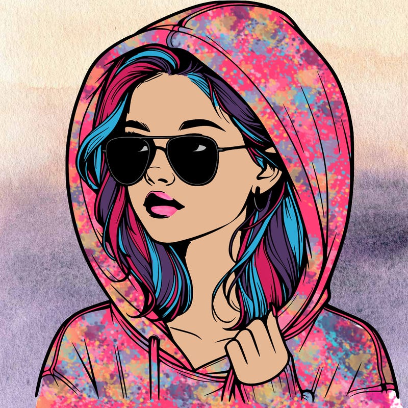 realistic teenage girl, wearing a hoodie and sunglasses