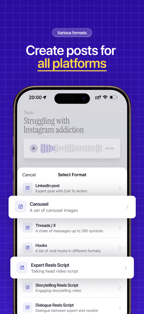 Draft AI app interface showing a list of social media formats including LinkedIn posts, Instagram carousels, and Reels scripts generated from a voice memo.