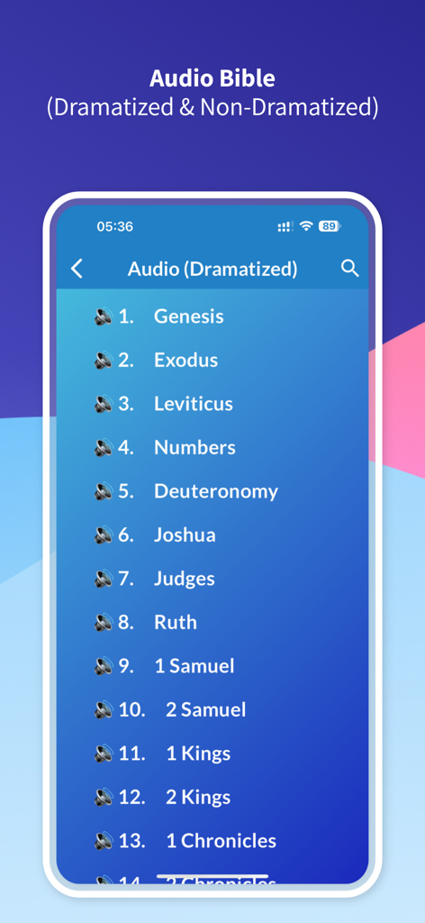 Holy Bible NIV - Audio & Verse - Pantalla de smartphone que muestra la lista de libros de la biblia en audio dramatizada desde Génesis hasta Crónicas