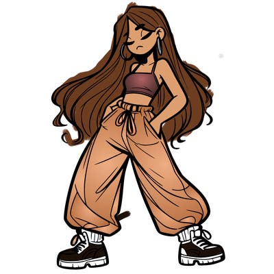 girl in baggy pants crop top and long hair