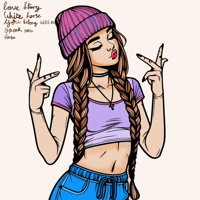 realistic teenage girl with braids and a beanie and crop top doing 🫶🏼