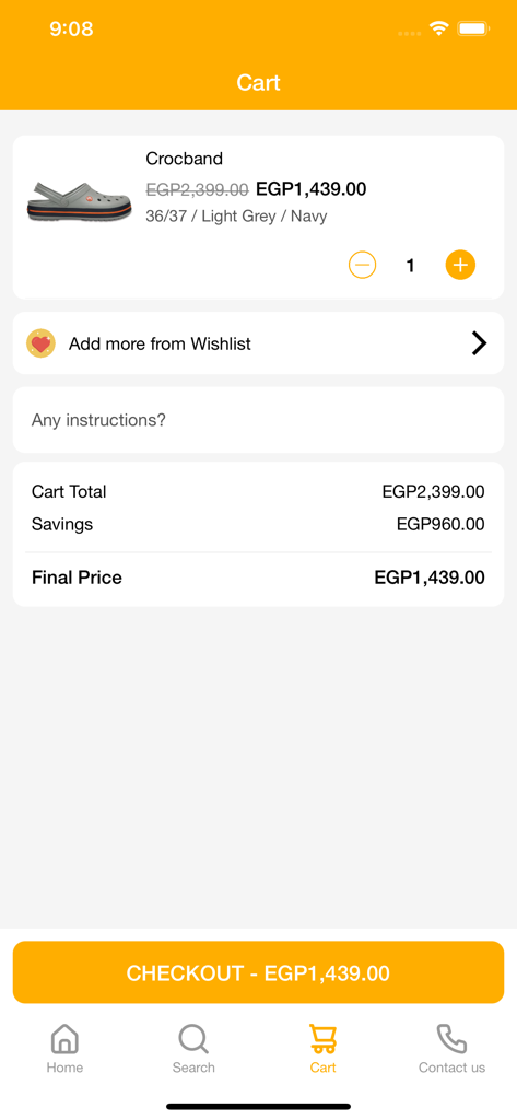 Shopping cart interface of the Footcourt Egypt app showing a selected shoe and checkout price summary