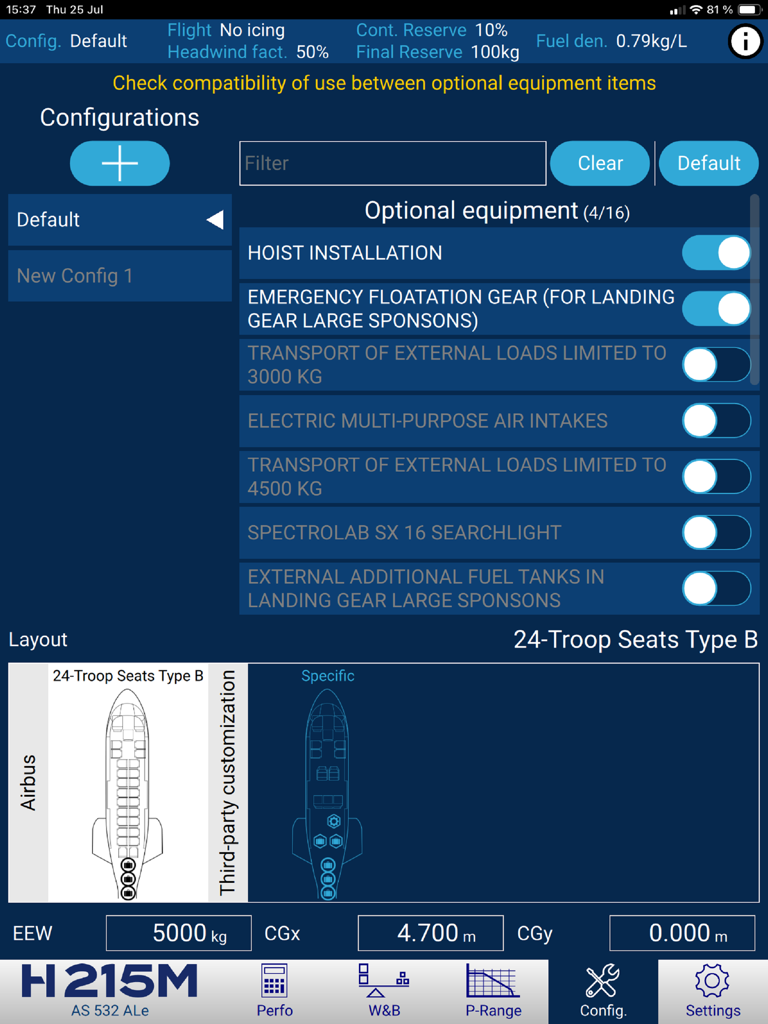 H215M Flight Perfo - Aplicación Airbus H215M Flight Perfo mostrando la configuración del helicóptero y los ajustes de equipo opcional en un iPad