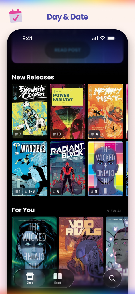 Sweet Shop — Find Your Comic - Interface of the Sweet Shop app displaying new comic book releases and personalized recommendations.