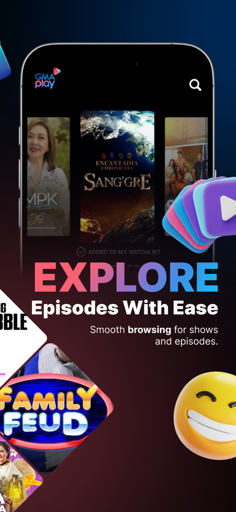 GMA Play - GMA Play app interface showing various Filipino shows with the text Explore Episodes With Ease