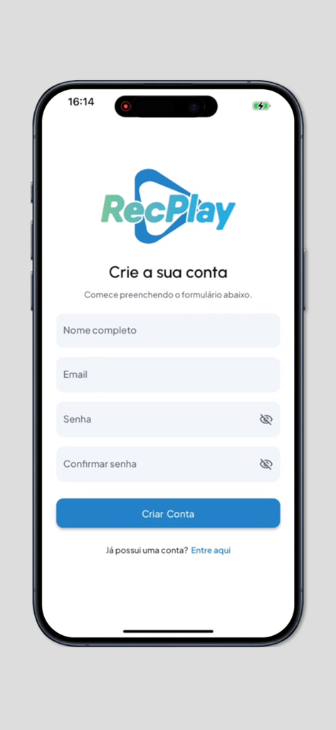 Recplay - Recplay sports highlights app sign up screen with account creation form fields