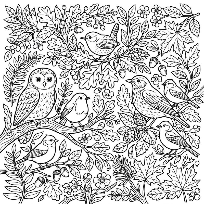 Immerse yourself in the tranquility of nature with this exquisite forest birds coloring page, crafted specifically for seniors. Featuring large print and clear outlines, it offers a delightful and accessible artistic experience.