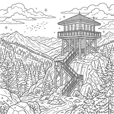Embark on a coloring journey high above the tree line with this intricate fire lookout tower design. Capture the majestic beauty of mountain forests and distant vistas with your favorite colors.