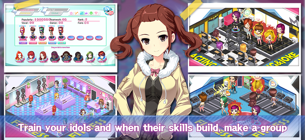 Love Idol Company : Kpop Girls - Scènes de jeu montrant l'entraînement et la personnalisation de la gestion des idoles dans Love Idol Company