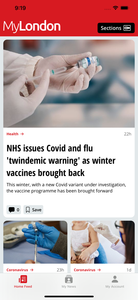 MyLondon Newsアプリのホームフィードに、NHSのワクチン警告に関する健康記事が表示されています。