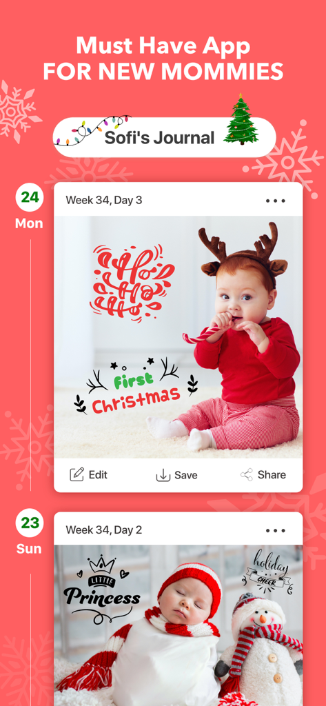 Baby Photo Editor: Pic Journal - Pantalla de smartphone que muestra un diario de fotos de bebé con fotos de hitos navideños editadas