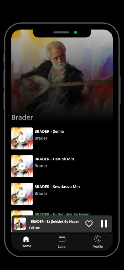 Dilan: Kurdish Music - Dilan Kurdish Music app interface showing an artist profile with a list of songs and a music player