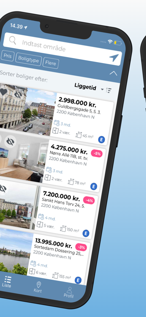 Boliga - Boliga app interface showing a list of properties for sale in Denmark with prices and listing duration