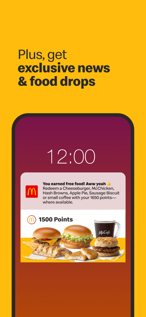 A smartphone showing a McDonald's app notification for earned reward points and available free food items